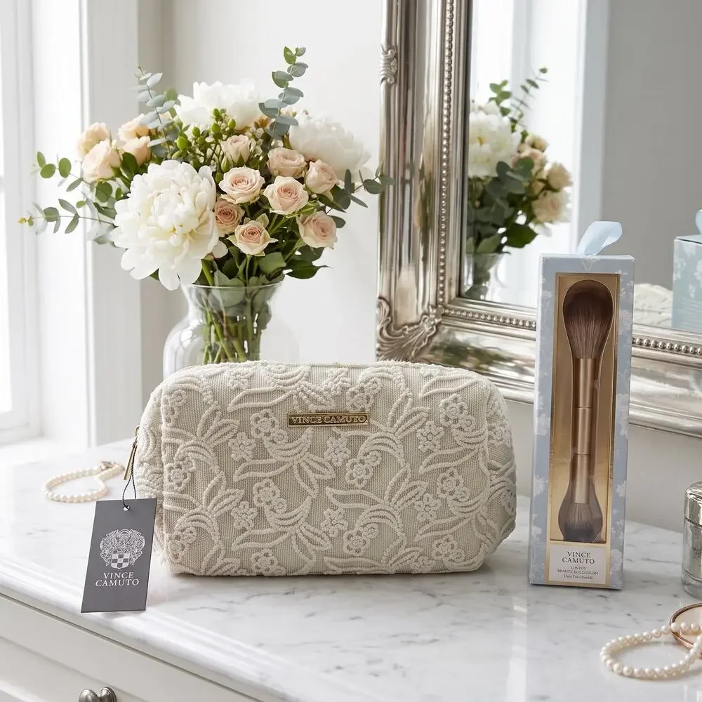 Vince Camuto Ivory Embroidered Cosmetic Bag + Duo Face Brush Set NWT